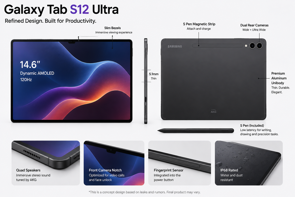 Samsung Galaxy Tab S12 Ultra design with 14.6-inch AMOLED display, S Pen and dual rear cameras