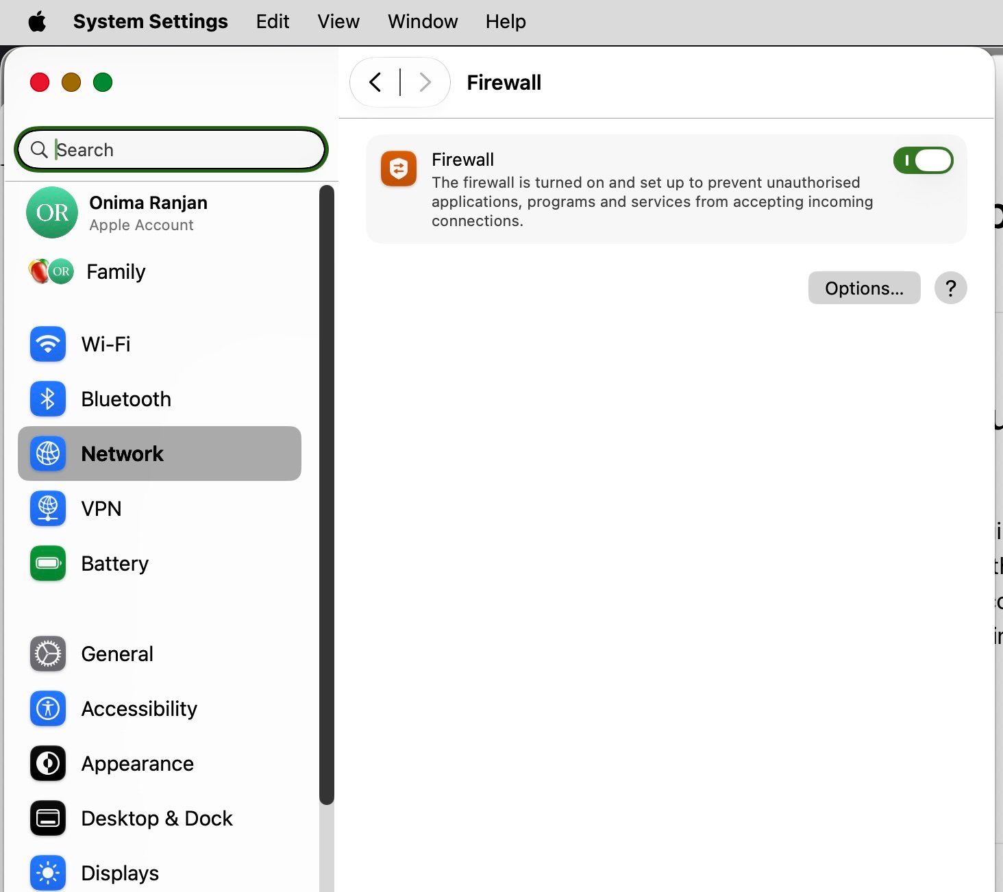 macOS Application Firewall settings panel