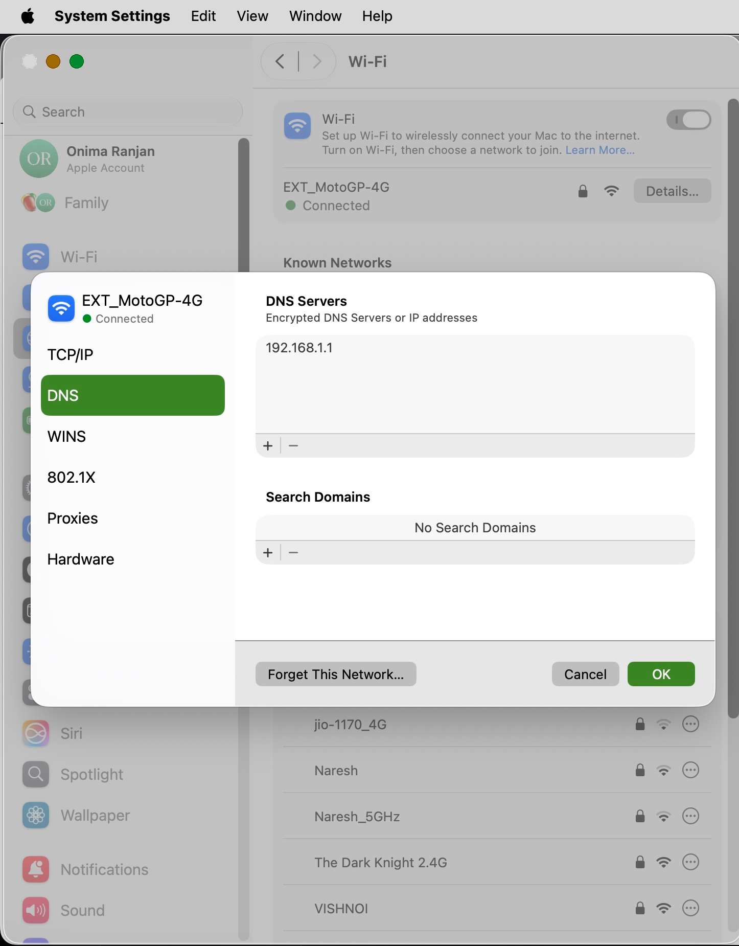 macOS Network DNS settings configuration