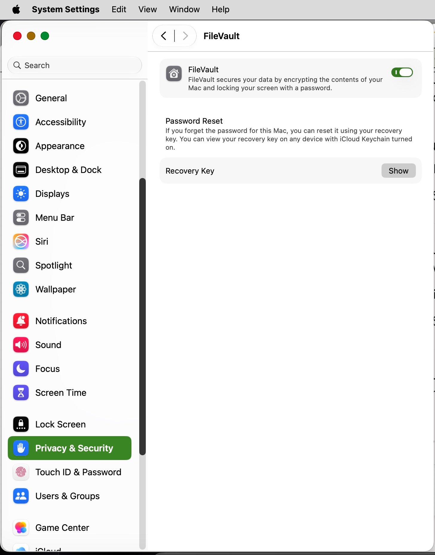 macOS FileVault full-disk encryption settings