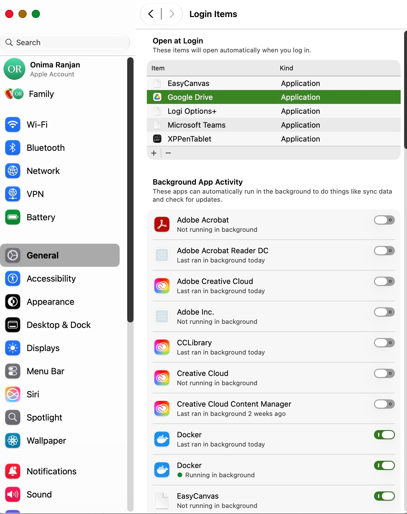 macOS Login Items configuration in System Settings