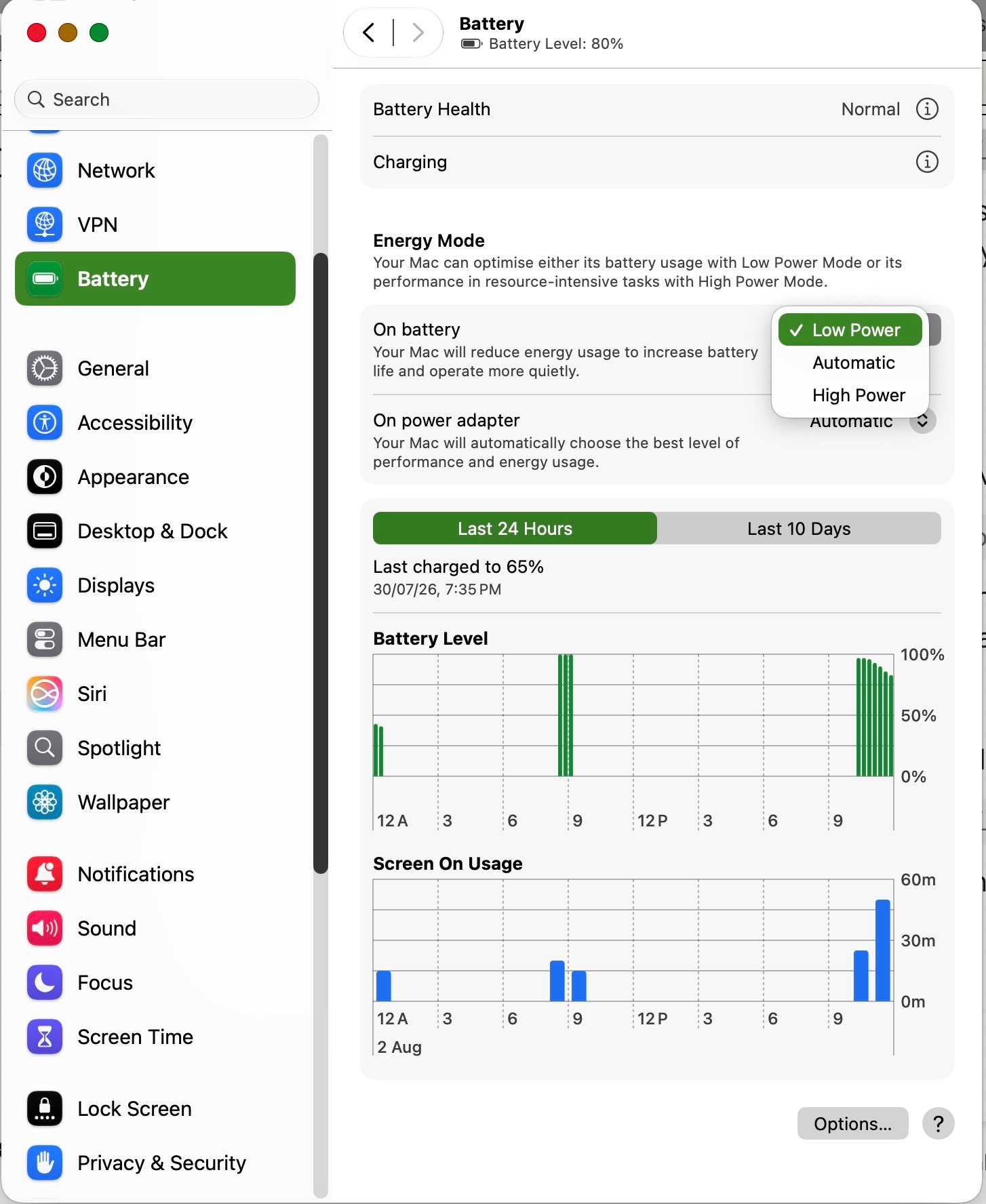macOS Low Power Mode battery panel options