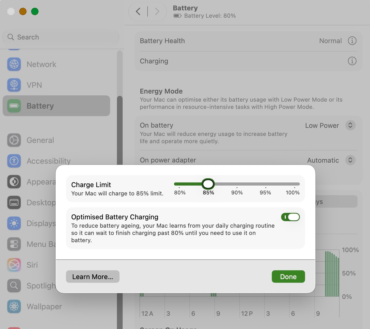 macOS Optimized Battery Charging settings