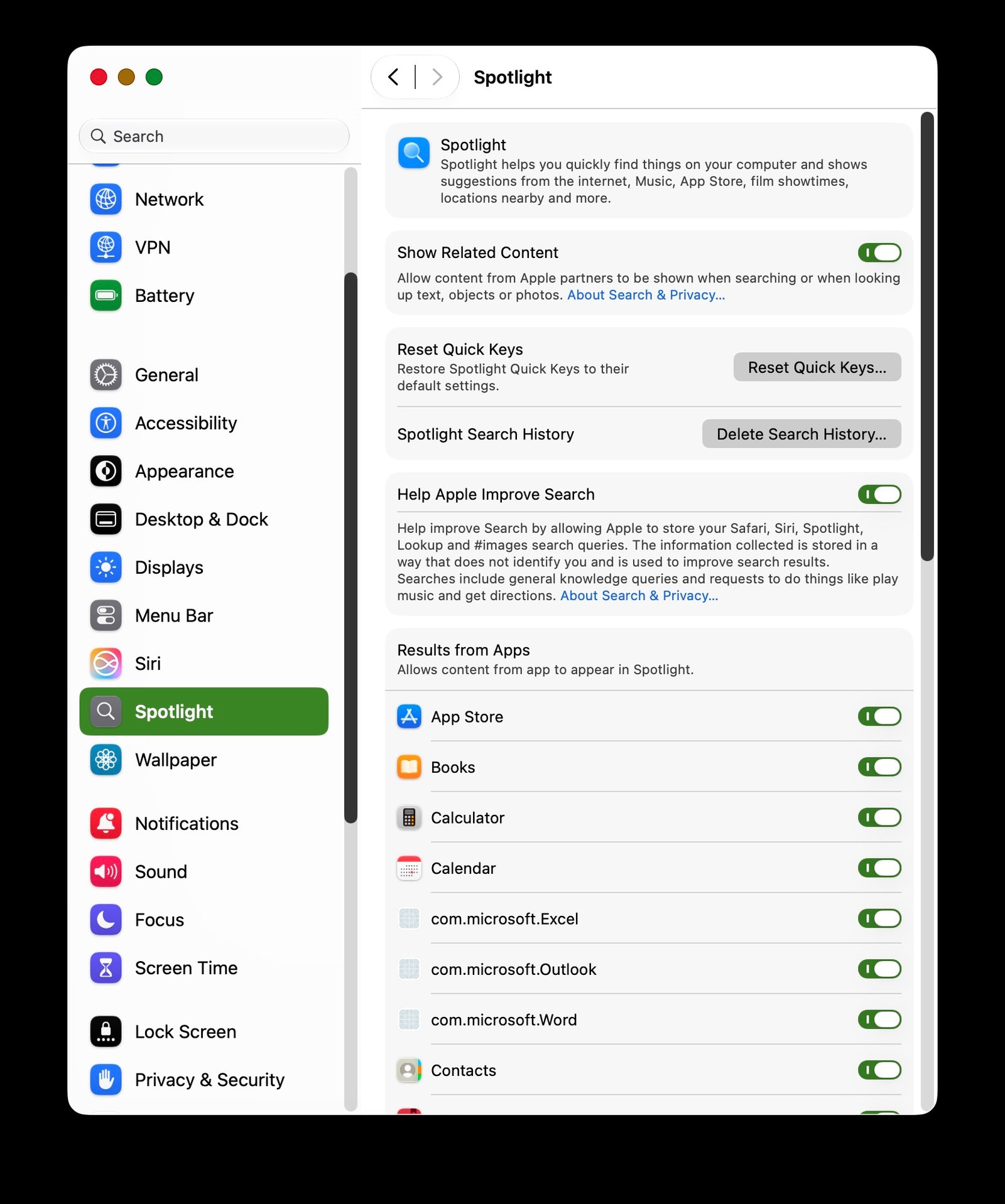 macOS Spotlight settings category selection