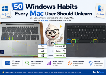 Side-by-side Windows and Mac keyboard comparison highlighting the Ctrl, Alt, Windows, Command, Option, and Function keys for users switching from Windows to macOS.