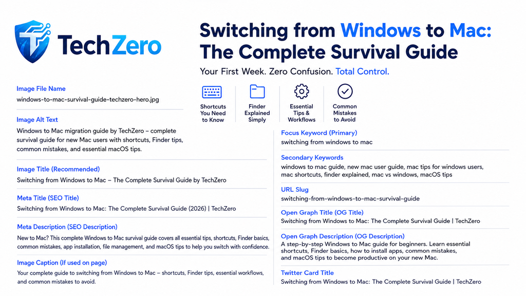 TechZero infographic summarizing the Windows to Mac migration guide with macOS shortcuts, Finder basics, Spotlight search, compatibility tips, and essential workflows for beginners.